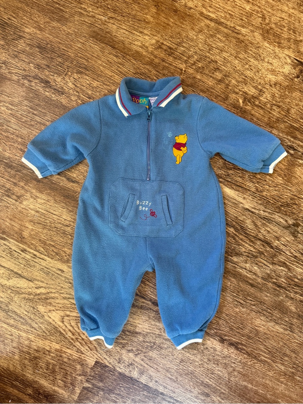 Vintage Y2K Winnie The Pooh Blue Zip Up Romper Jumpsuit 6/9 Months Embroidered